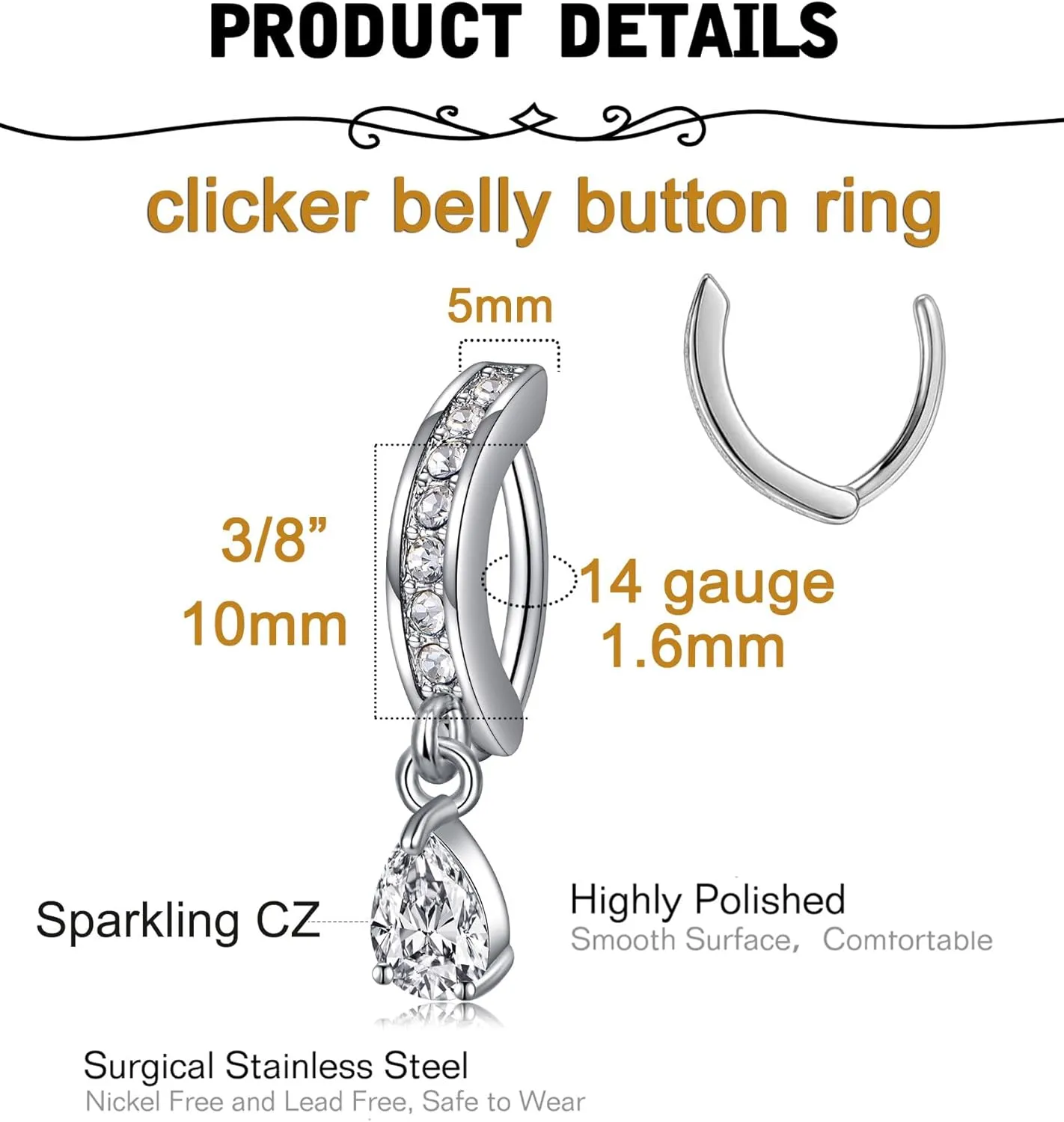 MODRSA Belly Button Ring Belly Rings Surgical Steel Belly Button Ring Hypoallergenic Clicker Belly Button Ring Navel Rings for Women