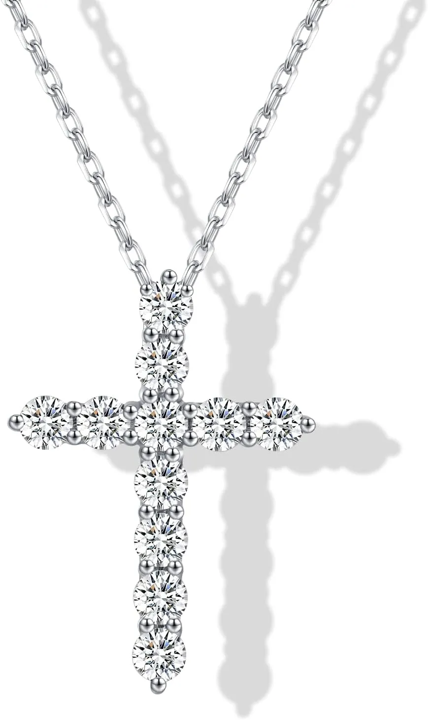 Moissanite Cross Necklace for Women, Gold or Silver Cross Necklaces for Mom, Sterling silver Cross Necklaces for Men, Cross Faith Pendant Necklace (Silver)