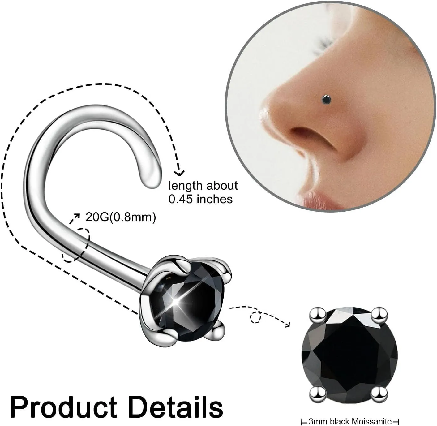 Moissanite Nose Stud for Women - 925 Sterling Silver Moissanite Nose Ring Piercing Real Moissanite Diamond Hypoallergenic Jewelry Nose Stud Gift for Women and Men