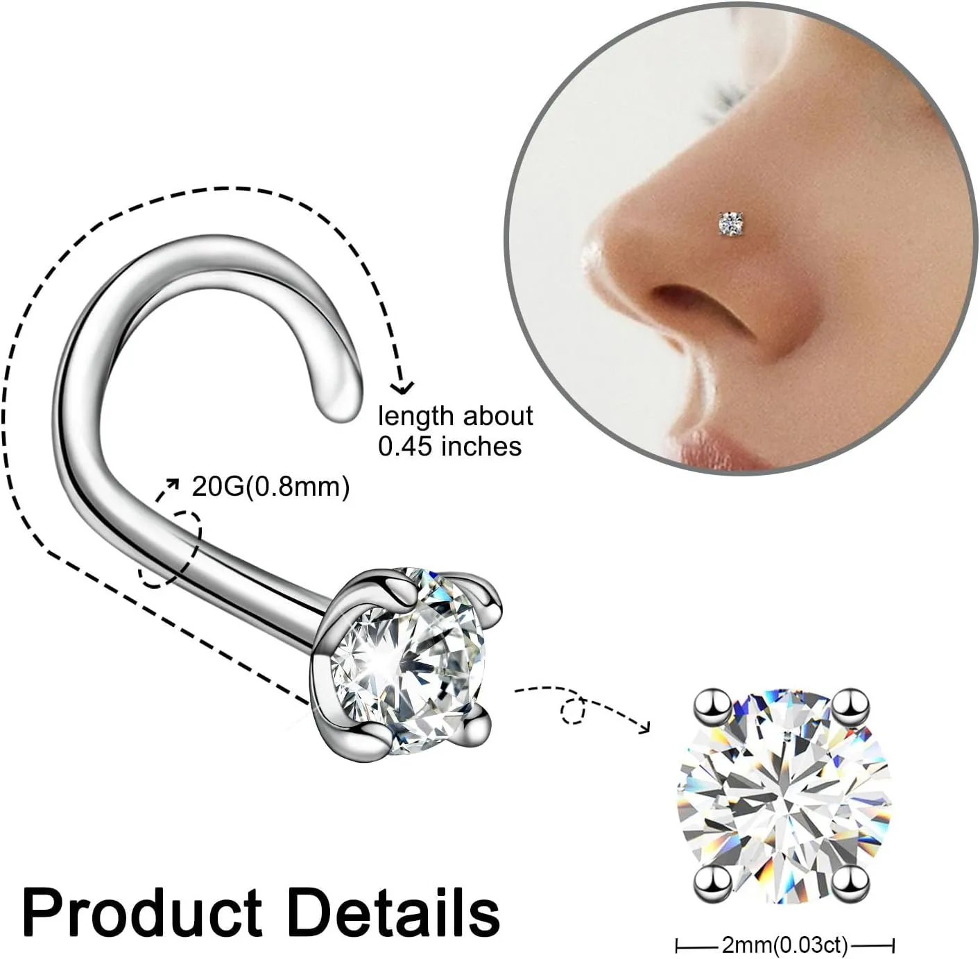 Moissanite Nose Stud for Women - 925 Sterling Silver Moissanite Nose Ring Piercing Real Moissanite Diamond Hypoallergenic Jewelry Nose Stud Gift for Women and Men