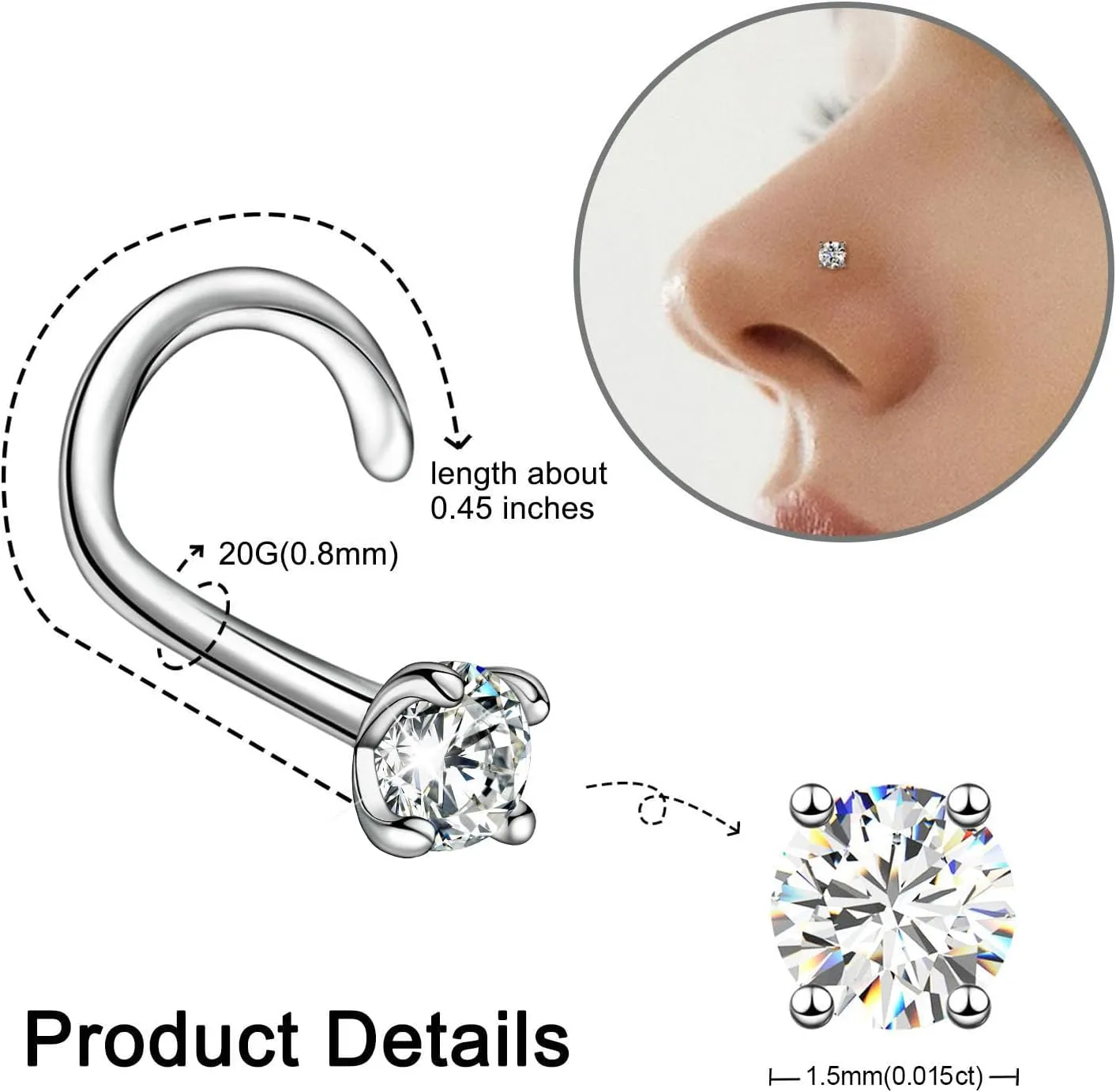 Moissanite Nose Stud for Women - 925 Sterling Silver Moissanite Nose Ring Piercing Real Moissanite Diamond Hypoallergenic Jewelry Nose Stud Gift for Women and Men