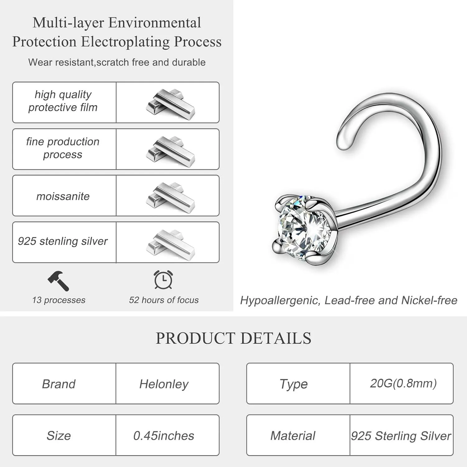 Moissanite Nose Stud for Women - 925 Sterling Silver Moissanite Nose Ring Piercing Real Moissanite Diamond Hypoallergenic Jewelry Nose Stud Gift for Women and Men