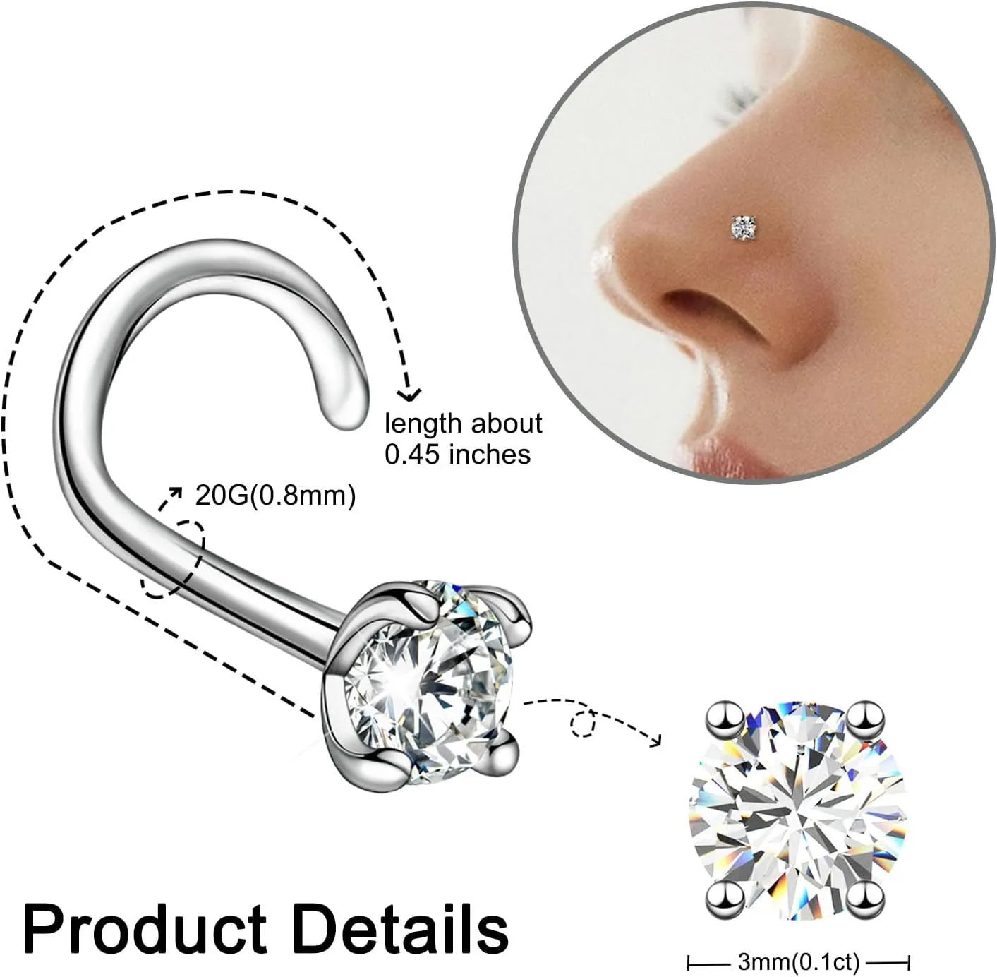 Moissanite Nose Stud for Women - 925 Sterling Silver Moissanite Nose Ring Piercing Real Moissanite Diamond Hypoallergenic Jewelry Nose Stud Gift for Women and Men