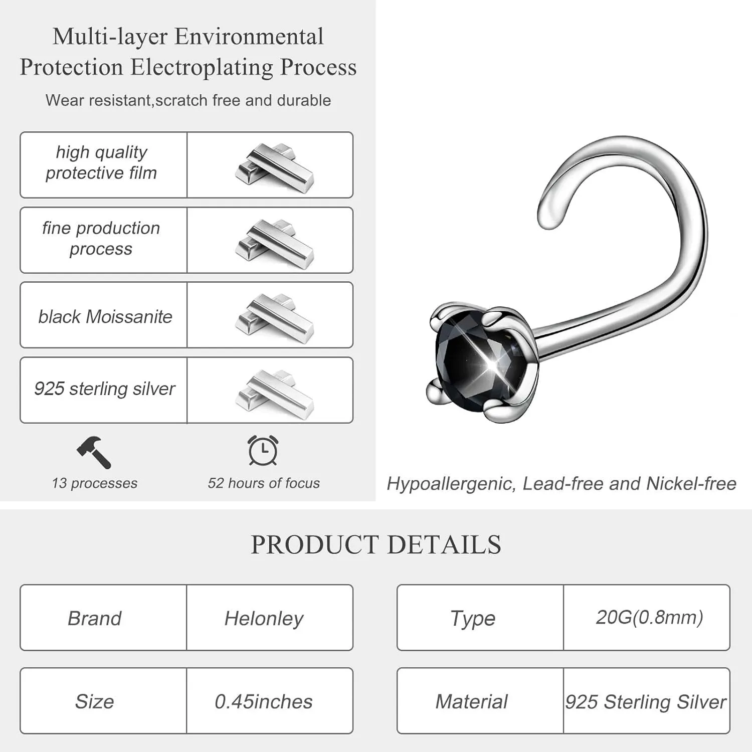 Moissanite Nose Stud for Women - 925 Sterling Silver Moissanite Nose Ring Piercing Real Moissanite Diamond Hypoallergenic Jewelry Nose Stud Gift for Women and Men