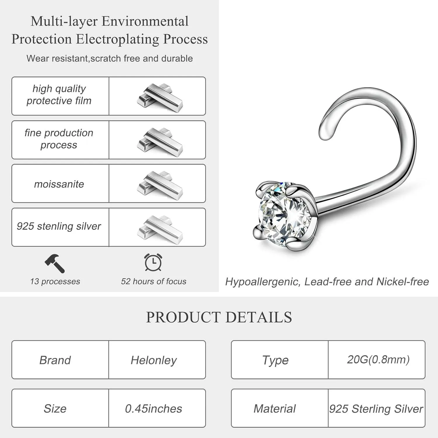 Moissanite Nose Stud for Women - 925 Sterling Silver Moissanite Nose Ring Piercing Real Moissanite Diamond Hypoallergenic Jewelry Nose Stud Gift for Women and Men