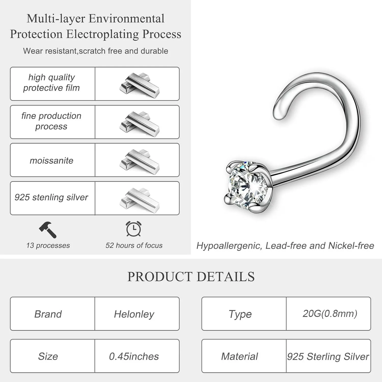 Moissanite Nose Stud for Women - 925 Sterling Silver Moissanite Nose Ring Piercing Real Moissanite Diamond Hypoallergenic Jewelry Nose Stud Gift for Women and Men