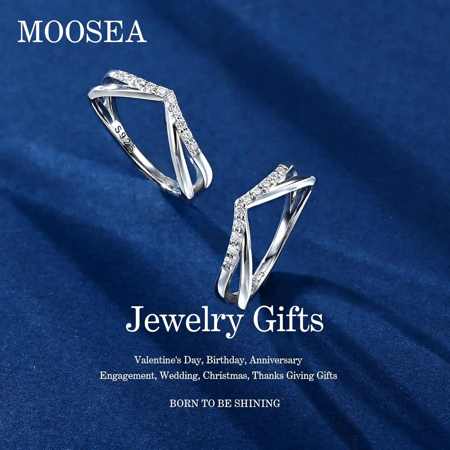 MOOSEA Moissanite Stackable Rings for Women, 14K White Gold Vermeil Double Wishbone Wedding Band D Color VVS1 Clarity Lab Created Moissanite Double Curved Moissanite Wedding Band for Women