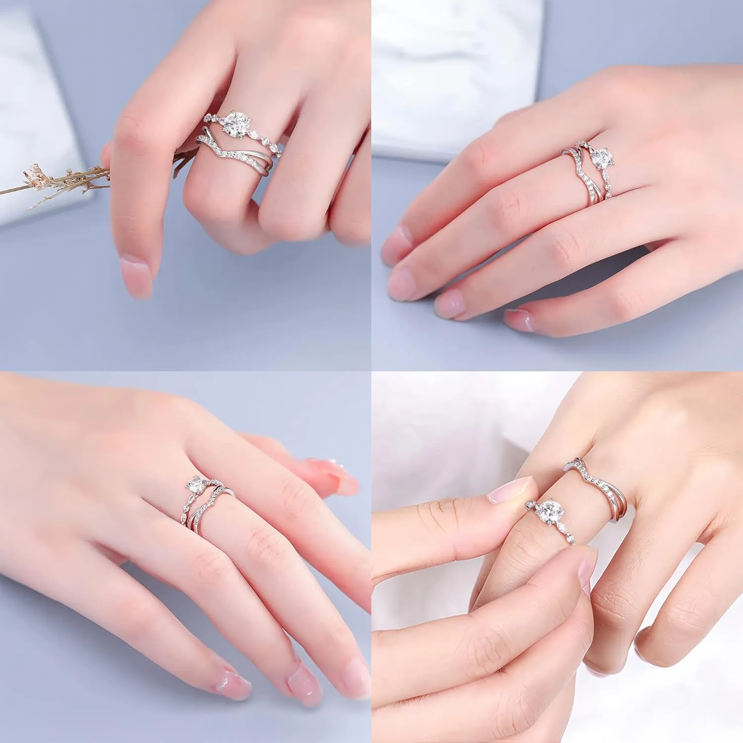MOOSEA Moissanite Stackable Rings for Women, 14K White Gold Vermeil Double Wishbone Wedding Band D Color VVS1 Clarity Lab Created Moissanite Double Curved Moissanite Wedding Band for Women