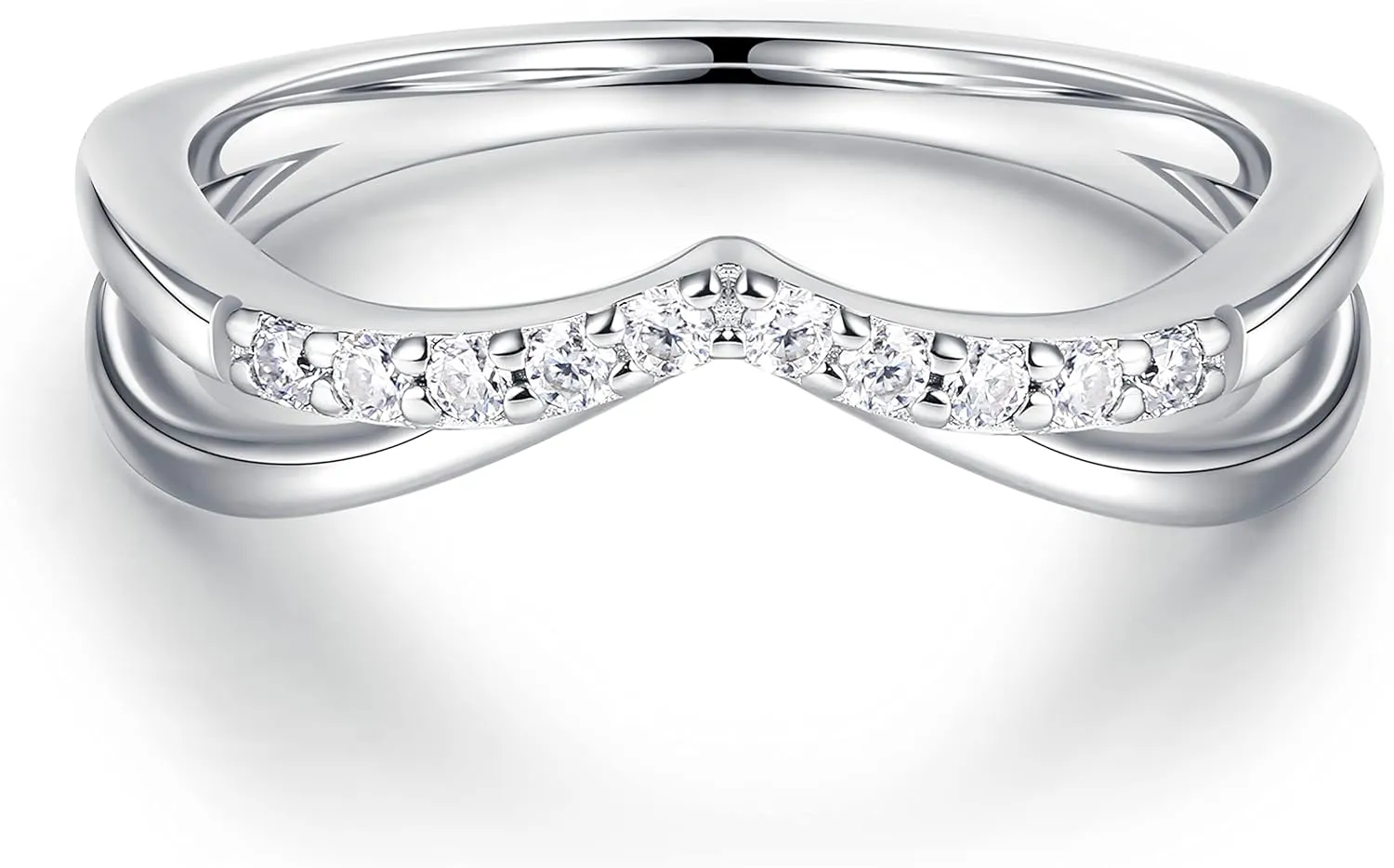 MOOSEA Moissanite Stackable Rings for Women, 14K White Gold Vermeil Double Wishbone Wedding Band D Color VVS1 Clarity Lab Created Moissanite Double Curved Moissanite Wedding Band for Women