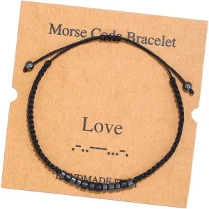 Morse Code Bracelets for Women Men Funny Inspirational Valentine's Day Gifts for Her,Best Friends,Motivational Bracelets, Inspirational Jewelry, Adjustable Black Silk Beaded Stretch Bracelets
