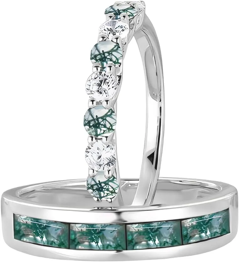 Moss Agate Couple Rings Set 2pcs Unique Moss Agate Engagement Wedding Rings for Couples S925 10k 14k 18k Gold Wedding Rings Set for him and her Mens Wedding Band Anniversary