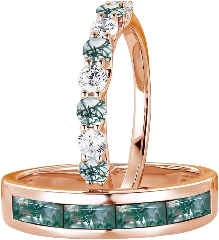 Moss Agate Couple Rings Set 2pcs Unique Moss Agate Engagement Wedding Rings for Couples S925 10k 14k 18k Gold Wedding Rings Set for him and her Mens Wedding Band Anniversary