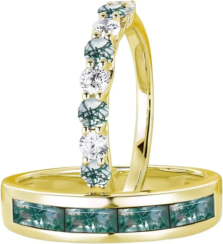 Moss Agate Couple Rings Set 2pcs Unique Moss Agate Engagement Wedding Rings for Couples S925 10k 14k 18k Gold Wedding Rings Set for him and her Mens Wedding Band Anniversary