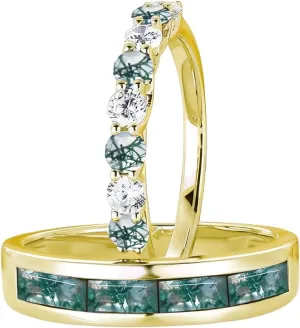 Moss Agate Couple Rings Set 2pcs Unique Moss Agate Engagement Wedding Rings for Couples S925 10k 14k 18k Gold Wedding Rings Set for him and her Mens Wedding Band Anniversary