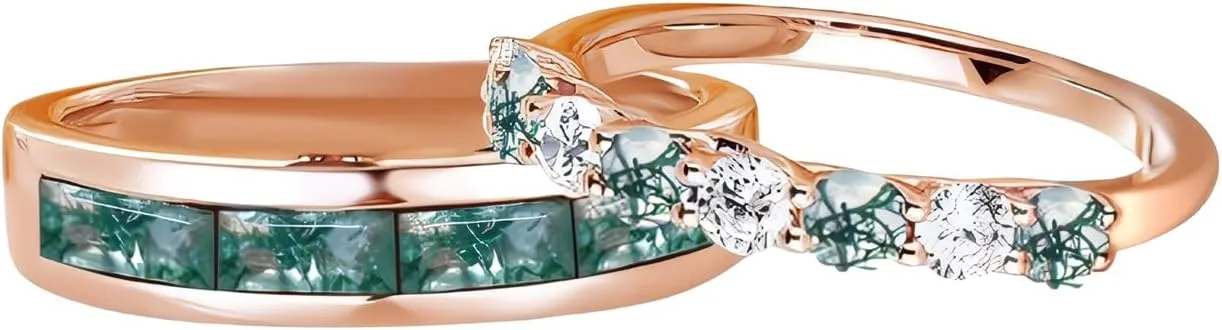 Moss Agate Couple Rings Set 2pcs Unique Moss Agate Engagement Wedding Rings for Couples S925 10k 14k 18k Gold Wedding Rings Set for him and her Mens Wedding Band Anniversary