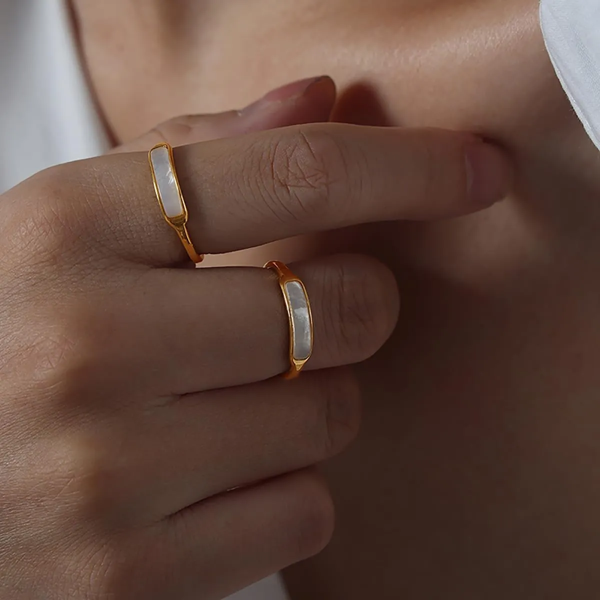 Mother of Pearl Ring - Gold Plated Dainty Minimalist Shell Pearl Ring for Women