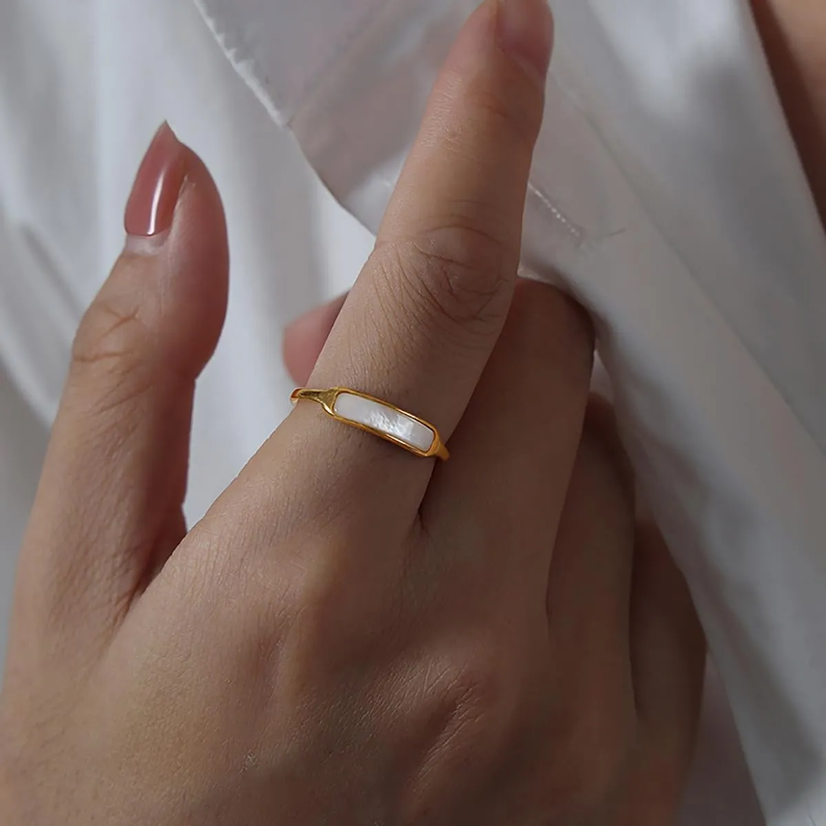 Mother of Pearl Ring - Gold Plated Dainty Minimalist Shell Pearl Ring for Women