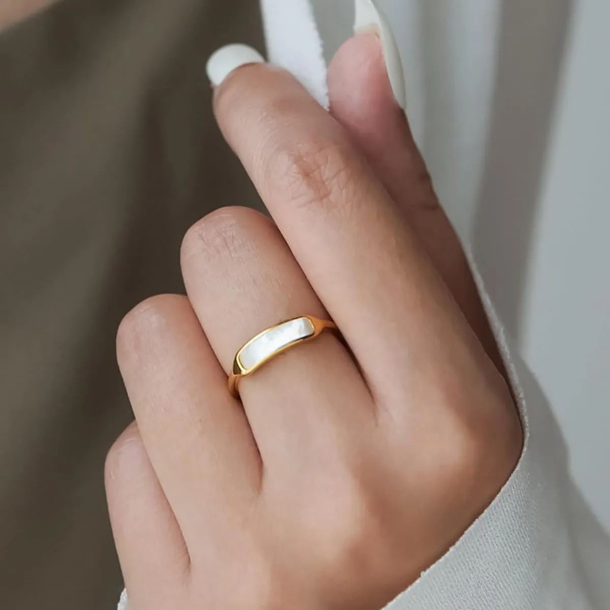 Mother of Pearl Ring - Gold Plated Dainty Minimalist Shell Pearl Ring for Women
