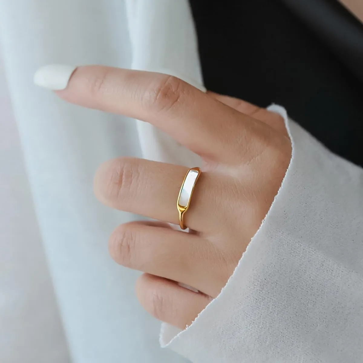 Mother of Pearl Ring - Gold Plated Dainty Minimalist Shell Pearl Ring for Women