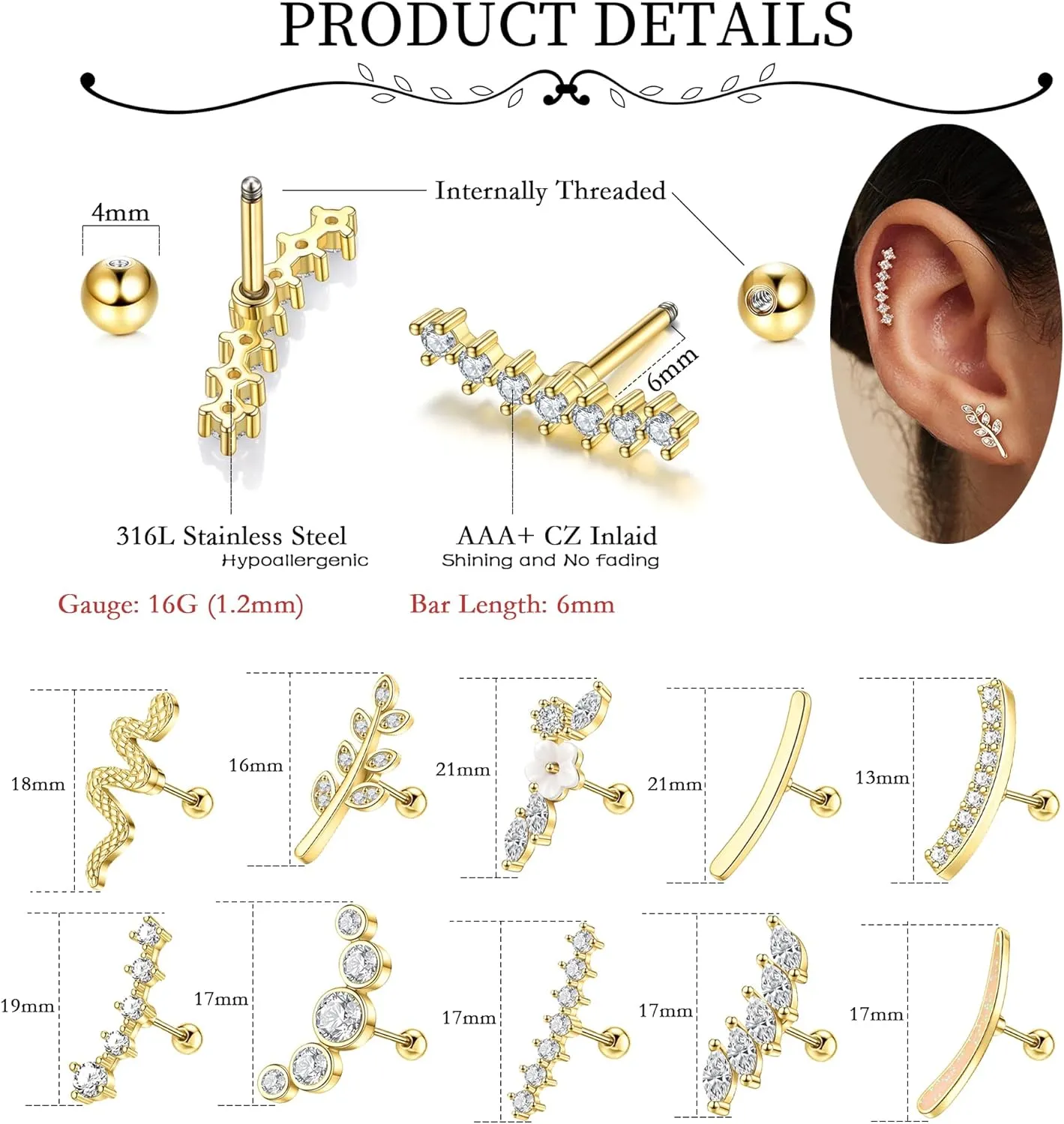 MOZAKA 10 PCS 16G Cartilage Earrings Helix Piercing Jewelry for Women Stainless Steel Opal CZ Conch Daith Tragus Piercing Jewelry Flower Snake Leaf Screw Back Stud Earrings Set