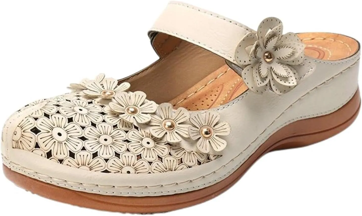 Mules for Women Wedge Sandals Comfortable Dressy Summer Closed Toe Casual Slip On Shoes with Adjustable Hook Loop Heel Sandal Mule Clogs Low Orthopedic Round Head Anti-Slip Soft Bottom Footwear