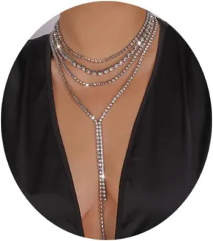 Multi-layered Rhinestone Choker Necklaces Gold/Silver Crystal Long Choker Necklaces Sparkly Diamond Choker Crystal Necklace Rhinestone Lariat Y Necklace for Women (A-Silver)