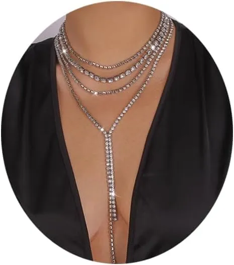 Multi-layered Rhinestone Choker Necklaces Gold/Silver Crystal Long Choker Necklaces Sparkly Diamond Choker Crystal Necklace Rhinestone Lariat Y Necklace for Women (A-Silver)