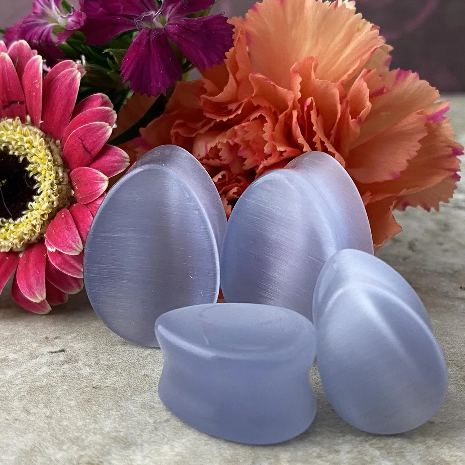 Mystic Metals Body Jewelry Pair of Concave Grey Cat Eye Teardrop Plugs (STN-690)