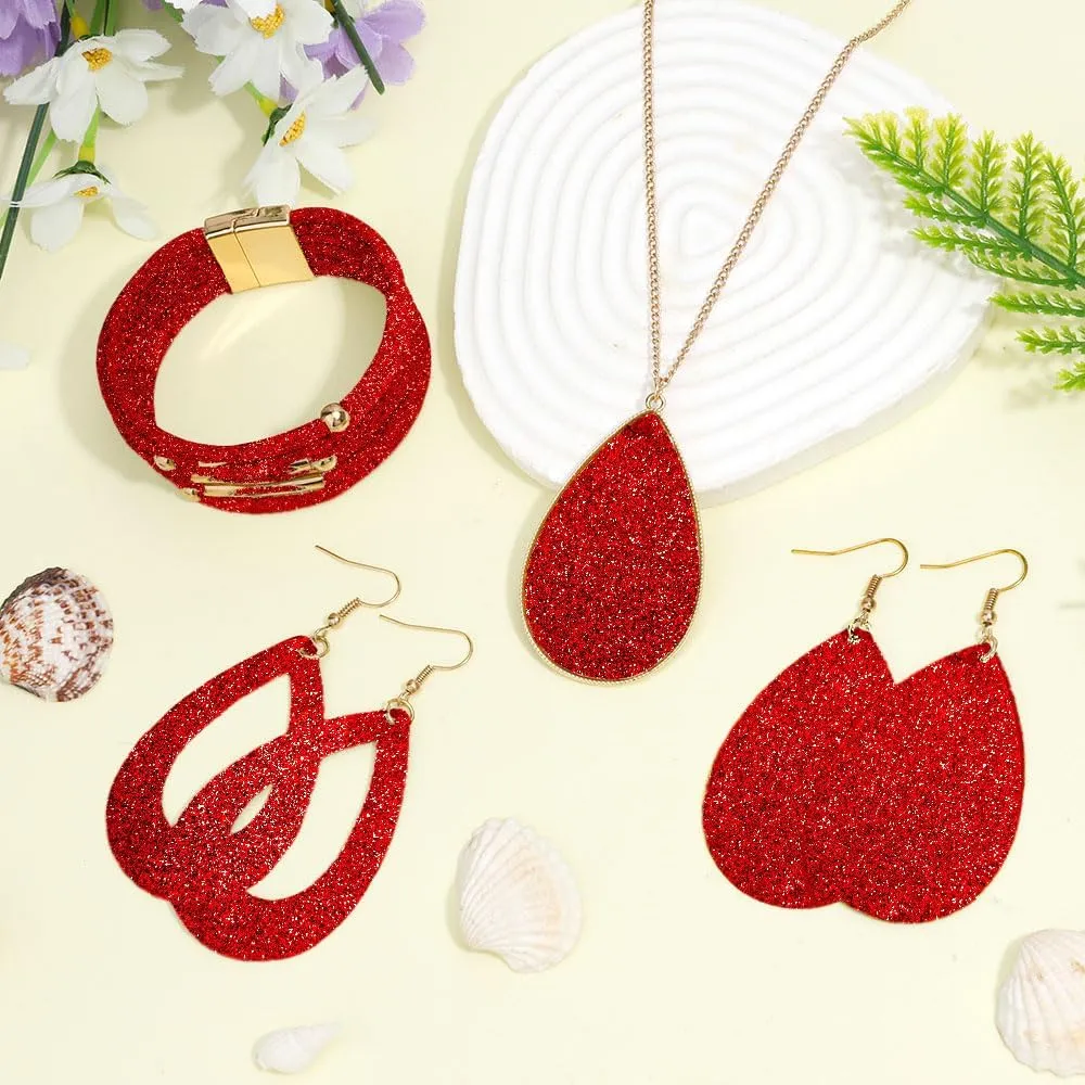 MystiCharm 4 Pieces Women's Glitter Jewelry Set Faux Leather Earrings Necklace Bracelet Christmas Accessories Decoration