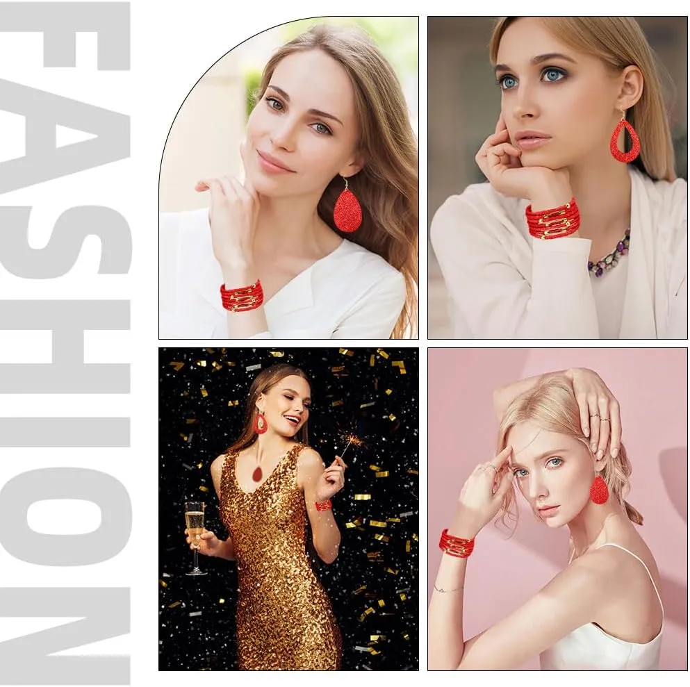MystiCharm 4 Pieces Women's Glitter Jewelry Set Faux Leather Earrings Necklace Bracelet Christmas Accessories Decoration