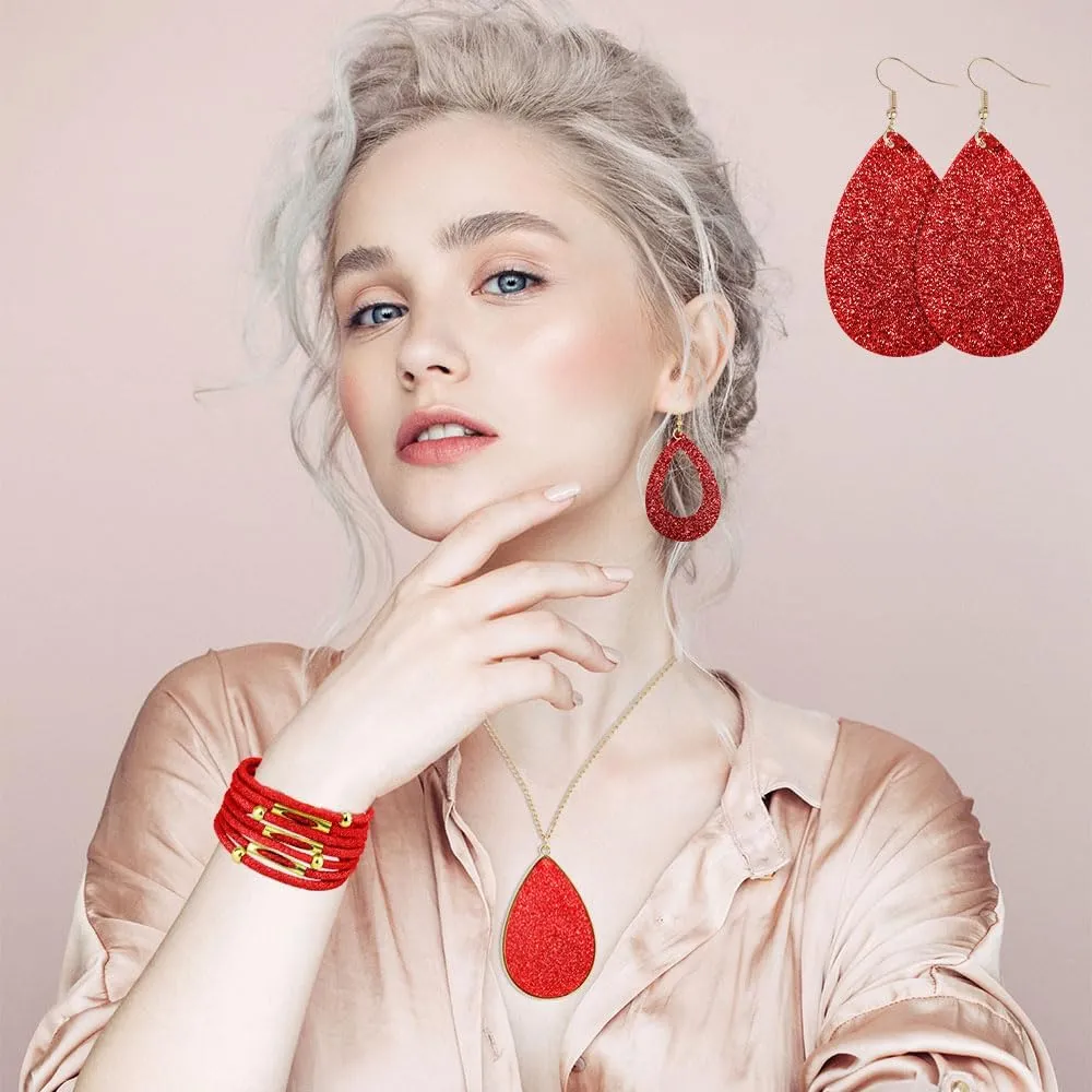 MystiCharm 4 Pieces Women's Glitter Jewelry Set Faux Leather Earrings Necklace Bracelet Christmas Accessories Decoration