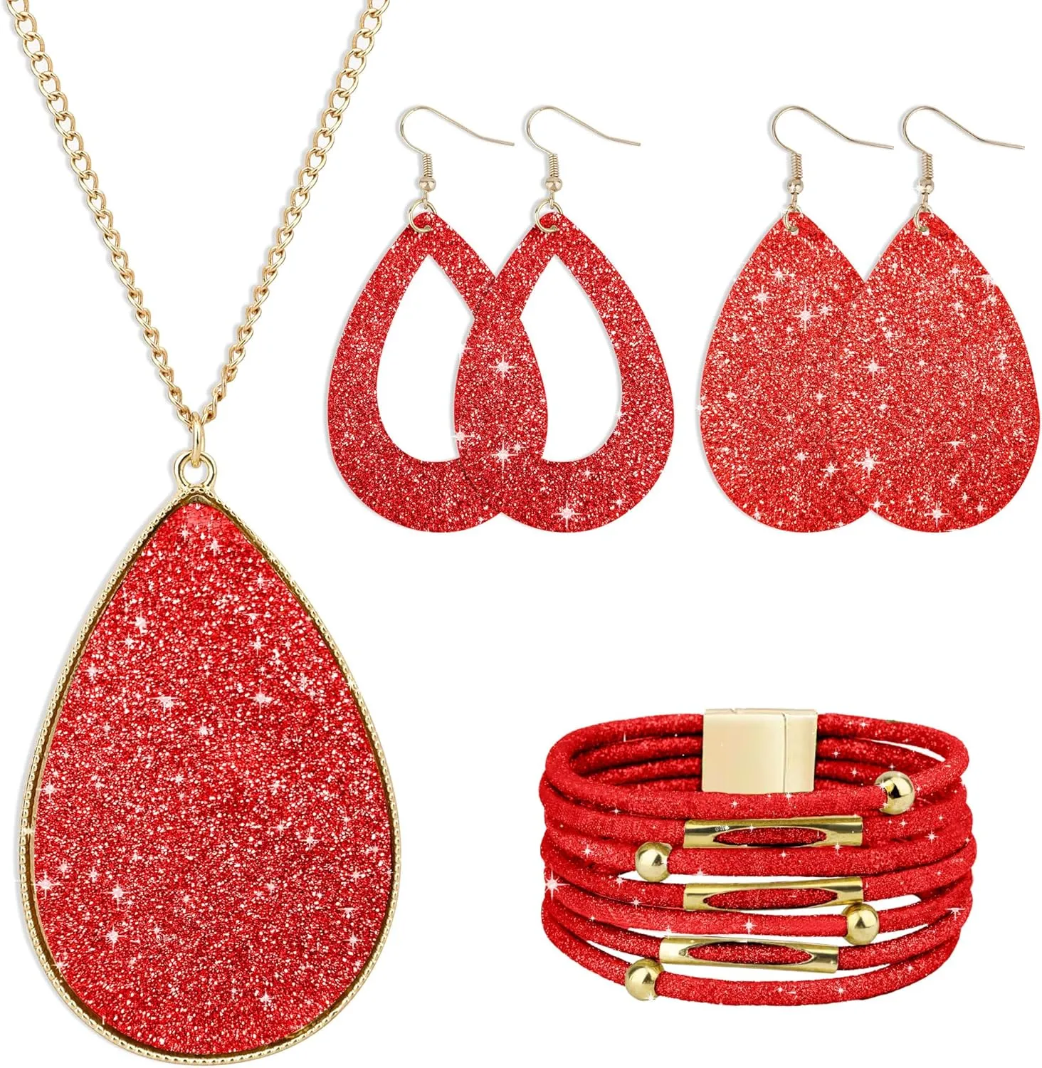 MystiCharm 4 Pieces Women's Glitter Jewelry Set Faux Leather Earrings Necklace Bracelet Christmas Accessories Decoration