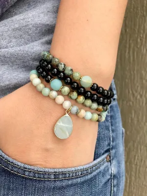 Natural African Turquoise, Amazonite, and Onyx 6mm 108 Mala Beads, Spiritual, Meditation Beads, Reiki, Japa Mala, Buddhist Prayer Beads, Yoga Bracelet, healing beads LKMALA-RRGU-2373