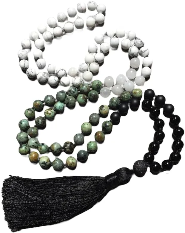 Natural african turquoise, black onyx,howlite, lava 6mm 108 Mala Beads, Spiritual, Meditation Beads, Reiki, Japa Mala, Buddhist Prayer Beads, Yoga Bracelet, healing beads LKMALA-RRGU-2238