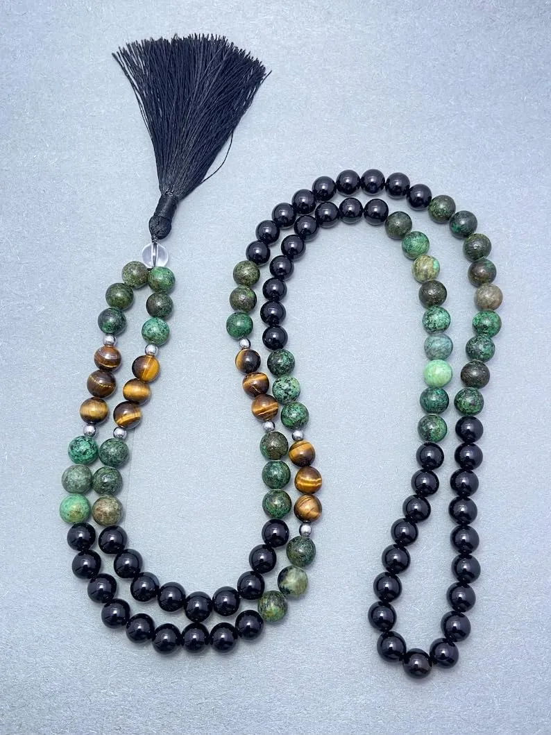 Natural African Turquoise, Onyx & Tiger's Eye 8mm 108 Mala Beads, Spiritual, Meditation Beads, Reiki, Japa Mala, Buddhist Prayer Beads, Yoga Bracelet, healing beads LKMALA-RRGU-3660
