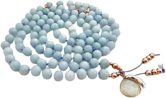 Natural Aquamarine, moonstone 8mm 108 Mala Beads, Spiritual, Meditation Beads, Reiki, Japa Mala, Buddhist Prayer Beads, Yoga Bracelet, healing beads LKMALA-RRGU-2195