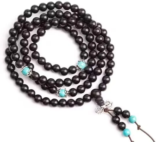 Natural Black Ebony Blackwood, blue beads 6mm 108 Mala Beads, Spiritual, Meditation Beads, Reiki, Japa Mala, Buddhist Prayer Beads, Yoga Bracelet, healing beads LKMALA-RRGU-2854
