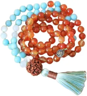 Natural Carnelian, Amazonite, Moonstone & Rudraksha 8mm 108 Mala Beads, Spiritual, Meditation Beads, Reiki, Japa Mala, Buddhist Prayer Beads, Yoga Bracelet, healing beads LKMALA-RRGU-3972