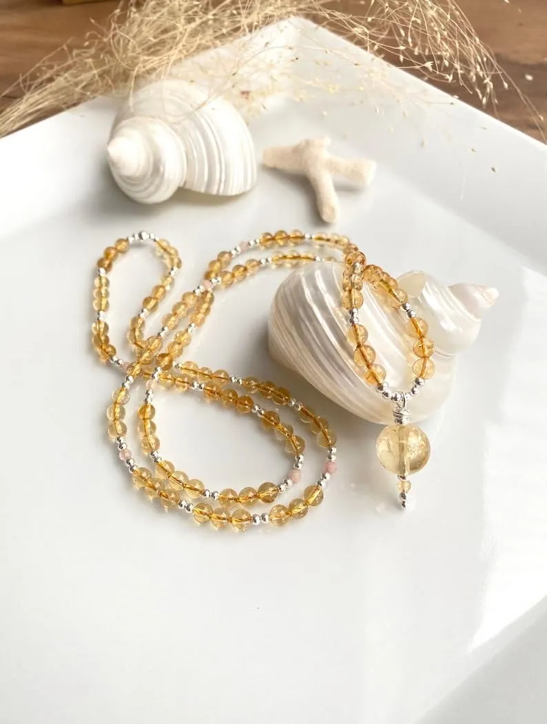 Natural citrine ,rose quartz 4mm,2mm 108 Mala Beads, Spiritual, Meditation Beads, Reiki, Japa Mala, Buddhist Prayer Beads, Yoga Bracelet, healing beads LKMALA-RRGU-3419