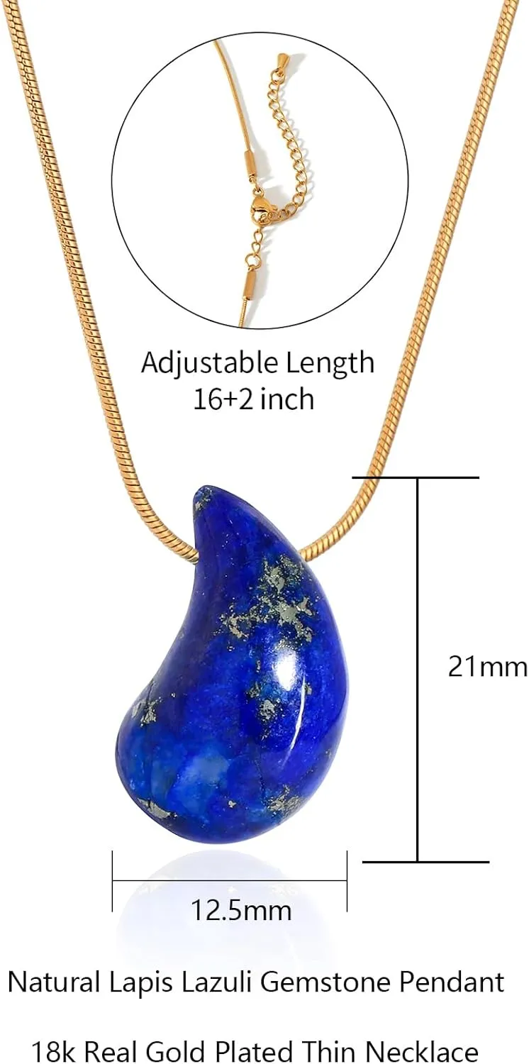 Natural Gemstone Teardrop Necklace Pendant for Women 18K Real Gold Plated Stone Chain Necklace Healing Turquoise/Pink Crystal/Lapis Lauzli/Green Aventurine Jewelry Gift for Wife Girlfriend