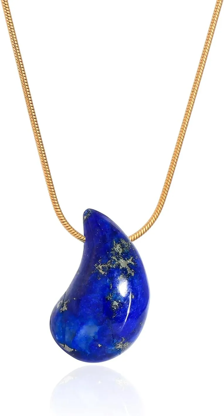 Natural Gemstone Teardrop Necklace Pendant for Women 18K Real Gold Plated Stone Chain Necklace Healing Turquoise/Pink Crystal/Lapis Lauzli/Green Aventurine Jewelry Gift for Wife Girlfriend