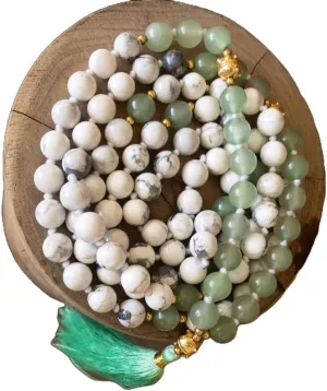 Natural howlite, green jade 8mm 108 Mala Beads, Spiritual, Meditation Beads, Reiki, Japa Mala, Buddhist Prayer Beads, Yoga Bracelet, healing beads LKMALA-RRGU-3539