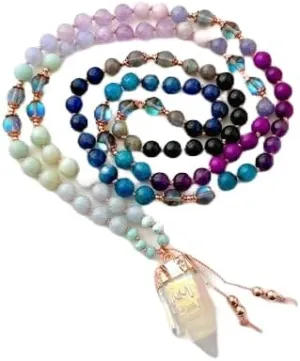 Natural Kyanite Mystic Aura Quartz Sugilite Amazonite 8mm 108 Mala Beads, Spiritual, Meditation Beads, Reiki, Japa Mala, Buddhist Prayer Beads, Yoga Bracelet, healing beads LKMALA-RRGU-2058