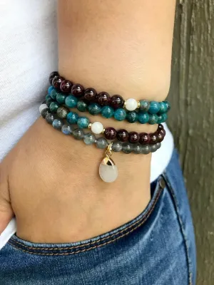 Natural Labradorite, Garnet, Blue Apatite 8mm 108 Mala Beads, Spiritual, Meditation Beads, Reiki, Japa Mala, Buddhist Prayer Beads, Yoga Bracelet, healing beads LKMALA-RRGU-2535