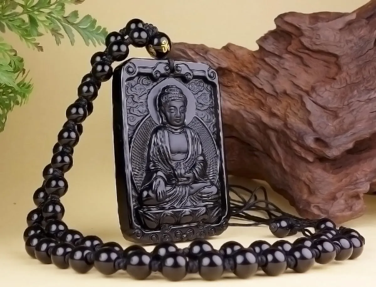 Natural Obsidian Necklace Lucky Amulet Protection Pendant with Dragon phoenix wolf's head Buddha Guanyin Kwan Yin A Certified Obsidian Women's Necklaces Men's Necklaces
