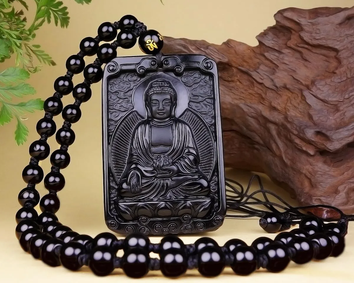 Natural Obsidian Necklace Lucky Amulet Protection Pendant with Dragon phoenix wolf's head Buddha Guanyin Kwan Yin A Certified Obsidian Women's Necklaces Men's Necklaces