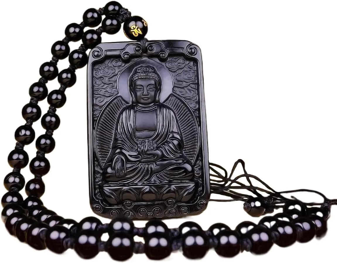 Natural Obsidian Necklace Lucky Amulet Protection Pendant with Dragon phoenix wolf's head Buddha Guanyin Kwan Yin A Certified Obsidian Women's Necklaces Men's Necklaces