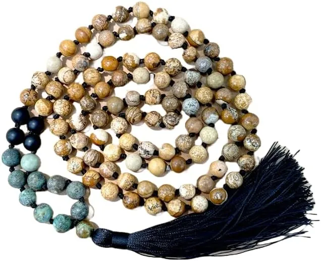 Natural Picture Jasper and African Turqusoie 8mm 108 Mala Beads, Spiritual, Meditation Beads, Reiki, Japa Mala, Buddhist Prayer Beads, Yoga Bracelet, healing beads LKMALA-RRGU-2422