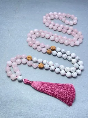 Natural Rose Quartz, Howlite & Rudraksha 8mm 108 Mala Beads, Spiritual, Meditation Beads, Reiki, Japa Mala, Buddhist Prayer Beads, Yoga Bracelet, healing beads LKMALA-RRGU-3588
