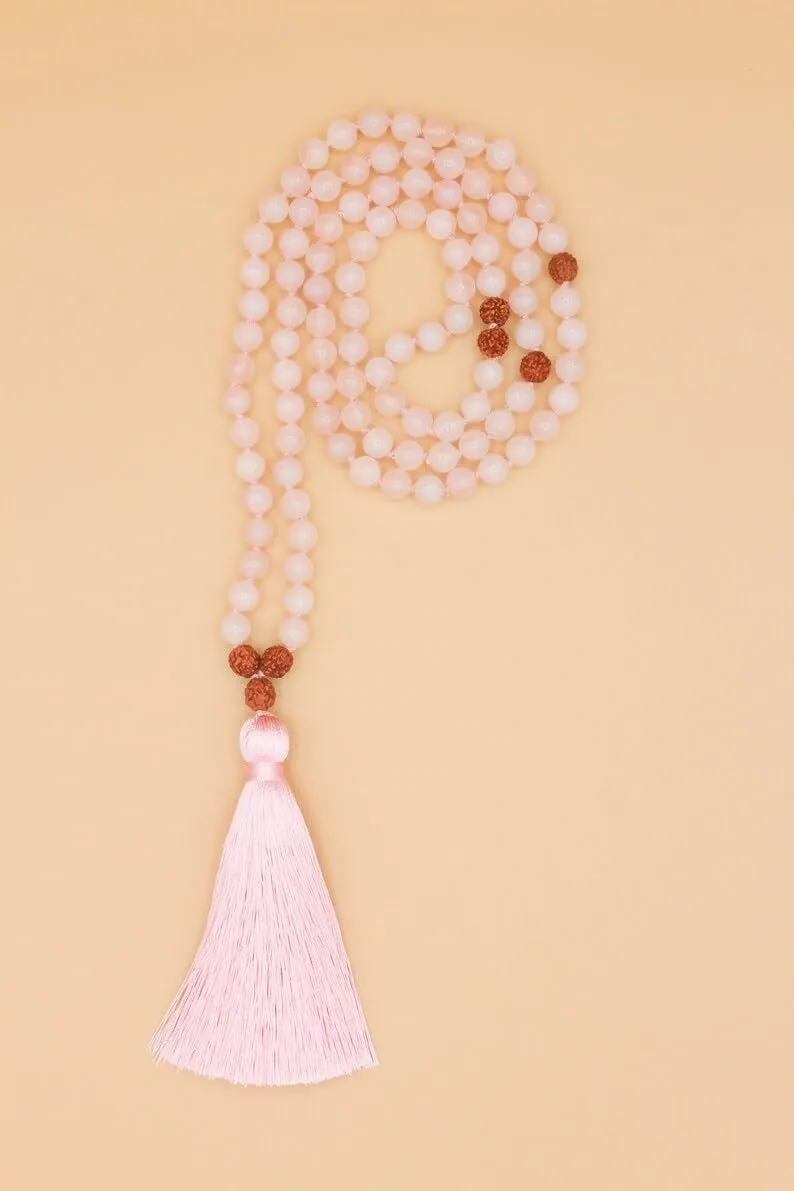 Natural Rose Quartz, rudraksh 8mm 108 Mala Beads, Spiritual, Meditation Beads, Reiki, Japa Mala, Buddhist Prayer Beads, Yoga Bracelet, healing beads LKMALA-RRGU-3772